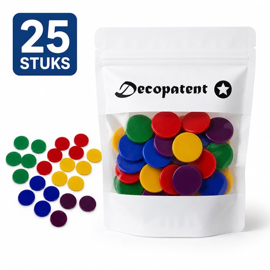 Decopatent - 25 Stuks Fiches 25 mm - 6 Assorti Kleuren - Casino Fiches voor Poker / Roulette / Blackjack & Bordspellen - Pokerfiches Ø2.5 Cm