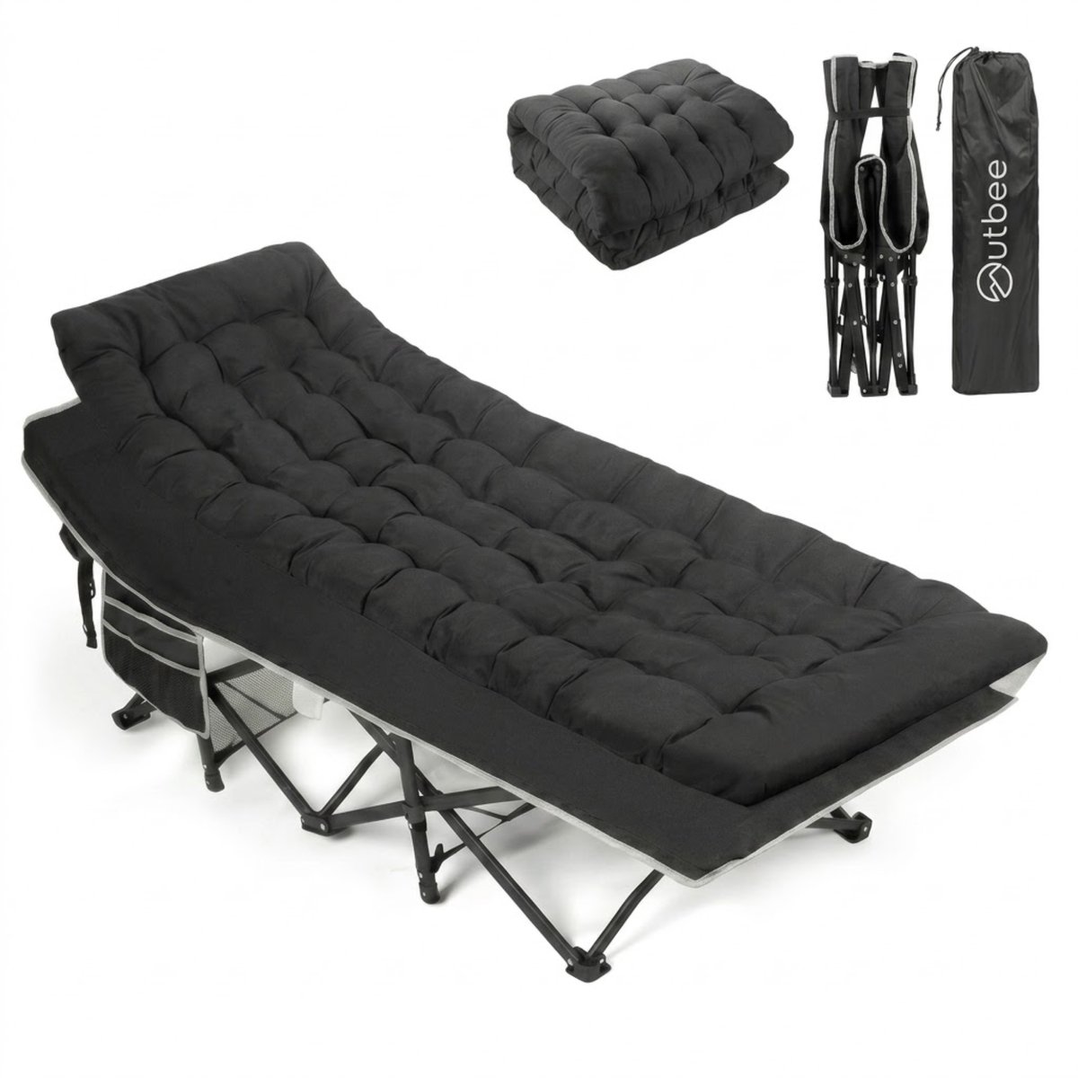 Outbee Veldbed - Kampeerbed - Stretcher - Opvouwbaar bed met kussen - Campingbed met draagtas - Draagkracht 150KG - 190 x 71 cm - Zwart