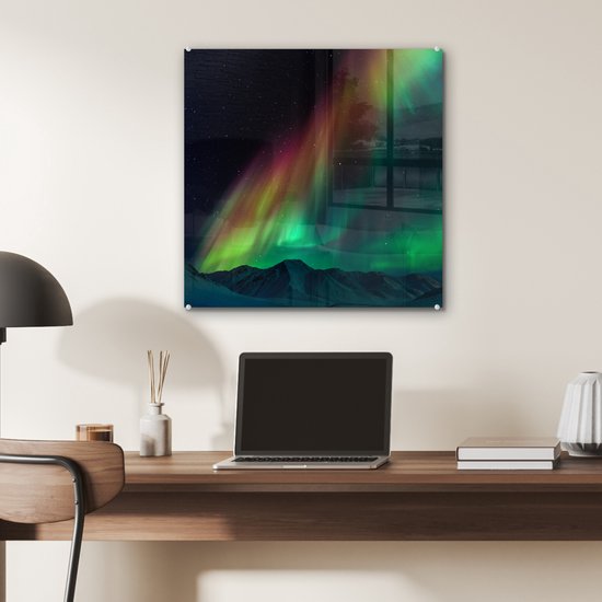 ® Glasschilderij 50x50 cm - Schilderij acrylglas - Regenboog - Aurora - Sterrenhemel - Foto op glas - Muurdecoratie woonkamer - Wanddecoratie slaapkamer - Schilderijen