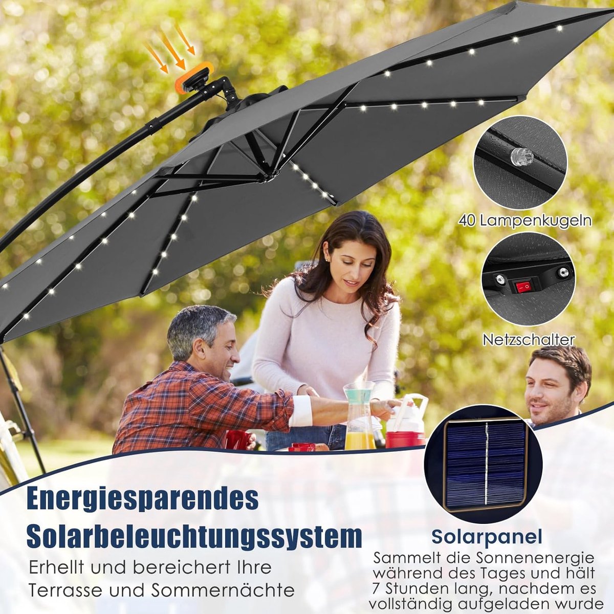 COSTWAY Parasol 300 cm, zweefparasol met 40 ledlampen op zonne-energie en zwengel, tuinscherm, marktparasol, terrasparasol voor tuin, zwembad, terras, antraciet, antraciet, 300 cm – foto 3