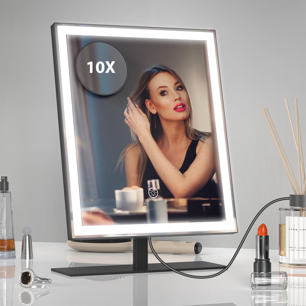 ANTENLICHT Make Up Spiegel 34x25CM - Dimbaar - Draaibaar - USB-C Oplaadpoort - 10x Vergroting - 3 lichtstanden - Dimbaar - Smart Touch - Spiegel met verlichting - Make Up Spiegel - Visagie spiegel - Zwart