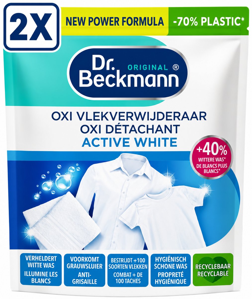 2 x Dr. Beckmann - Active White Poeder – Oxi Power Vlekverwijderaar – Witte Was Witter – Voor Hardnekkige vlekken– 400g