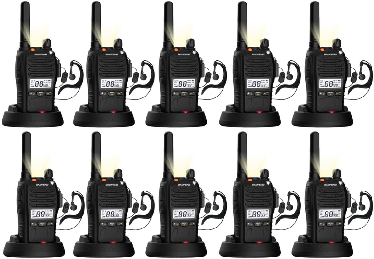 Set van 10x Baofeng E88 PMR portofoons met display - Geen vergunning nodig - Met display en headsets - Walkie Talkie - E88 portofoon