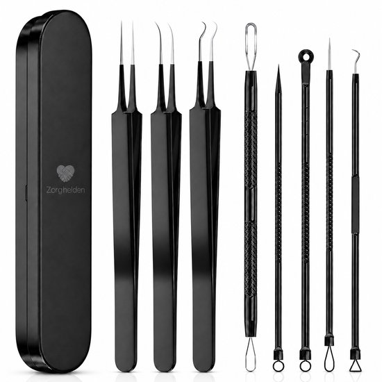 Zorghelden® Mee eters verwijderen - 8-Delig - Duurzame zwarte toolset - Blackhead remover - comedonenlepel - mee eter verwijderaar