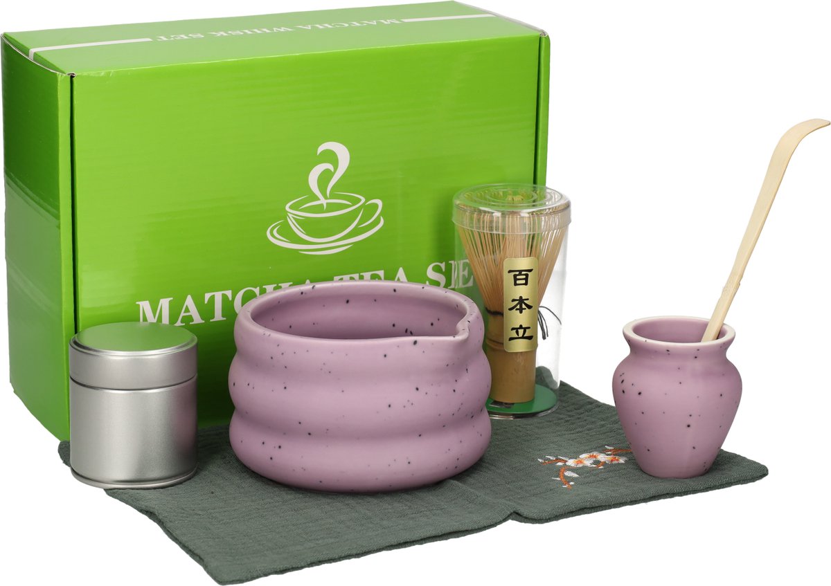 Matcha set - Matcha - Matcha klopper - Matcha whisk - Matcha starterkit - Matcha kom - 8 in 1 - Complete set - Paarse matcha set - Bamboe klopper matcha