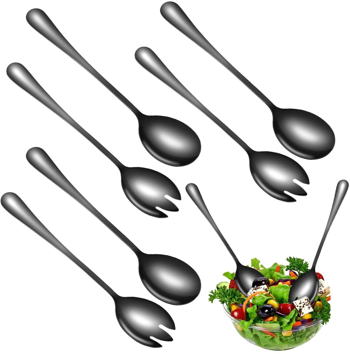 ONF3 - Saladebestek - Roestvrij staal - Hoogwaardige kwaliteit - Zwart - Saladelepels en vorken - Geschikt voor dagelijks gebruik - Set van 6 stuks