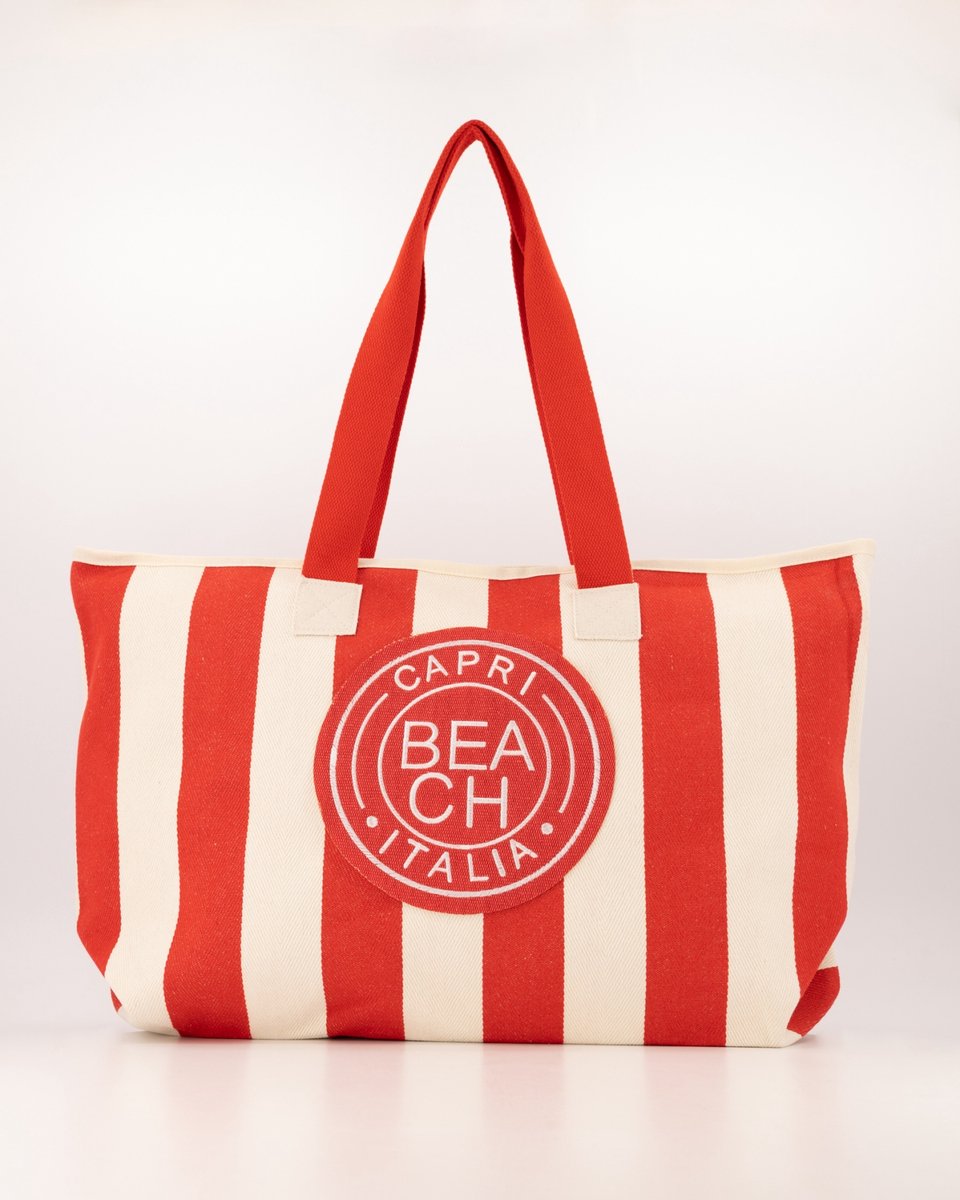strandtas-rood /ecru gestreept -ruim