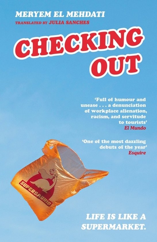 Boek "Checking Out" met op de voorkant een oranje plastic tas die door de lucht zweeft, met "SUPERSAURIO" erop.