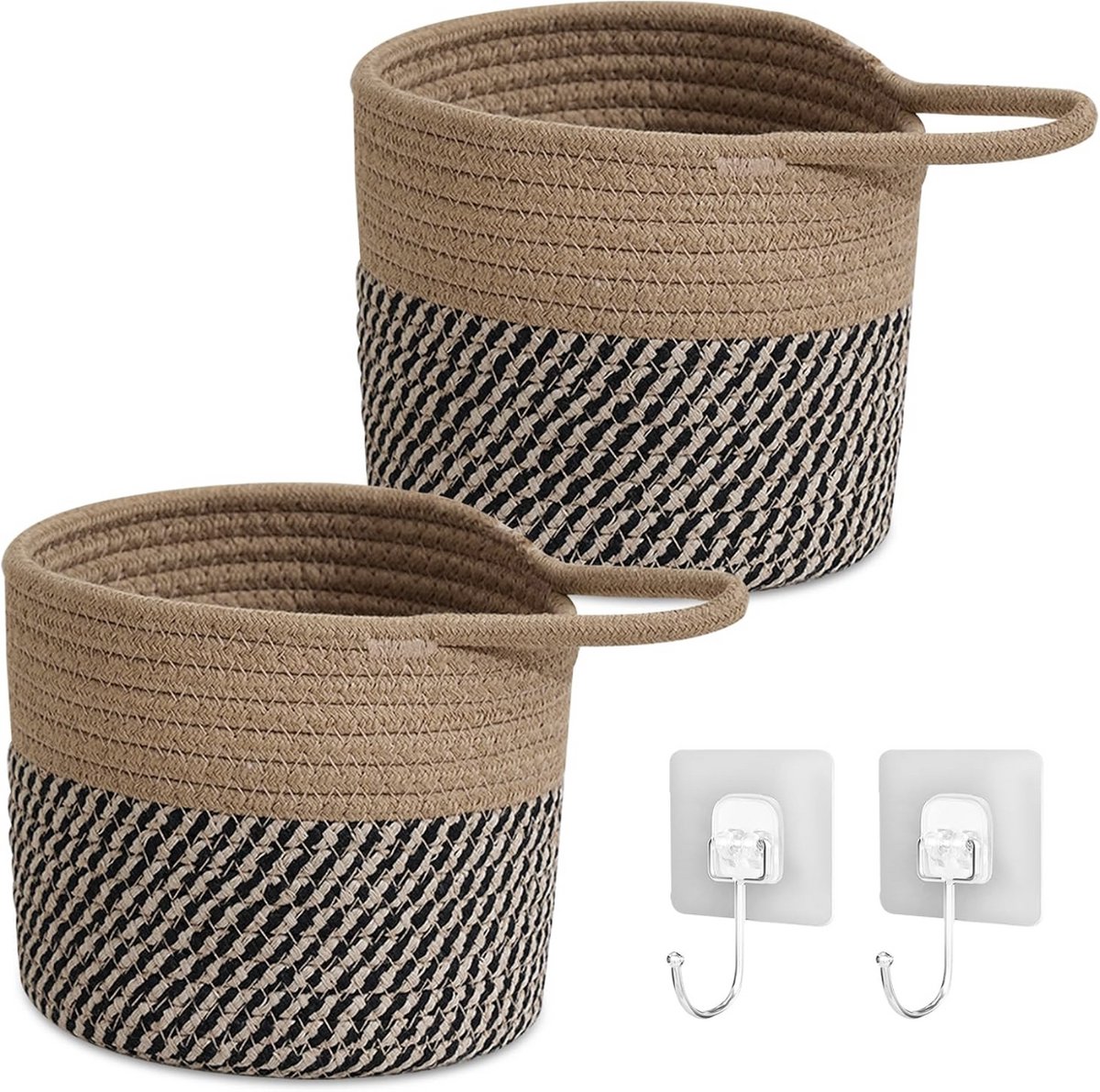2 stuks hangmanden, wandmanden, katoenen touwvlechten, 15 x 16 cm, opbergmanden met handvat, hangmanden, mand om op te hangen, kleine manden, voor keuken, badkamer, slaapkamer, woonkamer (bruin-zwart)
