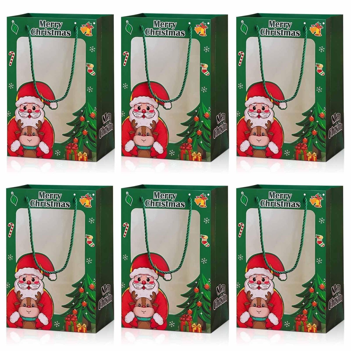 ONF3 - Cadeauzakjes - Herbruikbaar - Groen - Voor Kerstmis - Handgrepen - 6 Stuks