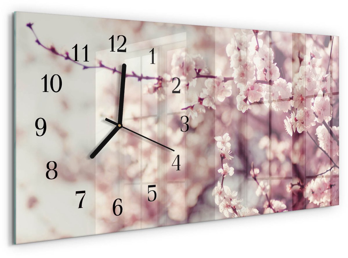 TULUP Wandklok - Kersenbloesems Klok Glas Met Opdruk - 60x30 cm - Roze Moderne Wandklok Glas - Zwarte Handen - Rechthoekige Wandklok - Moderne Wandklok Glas - Wandklok Glas Decoratie