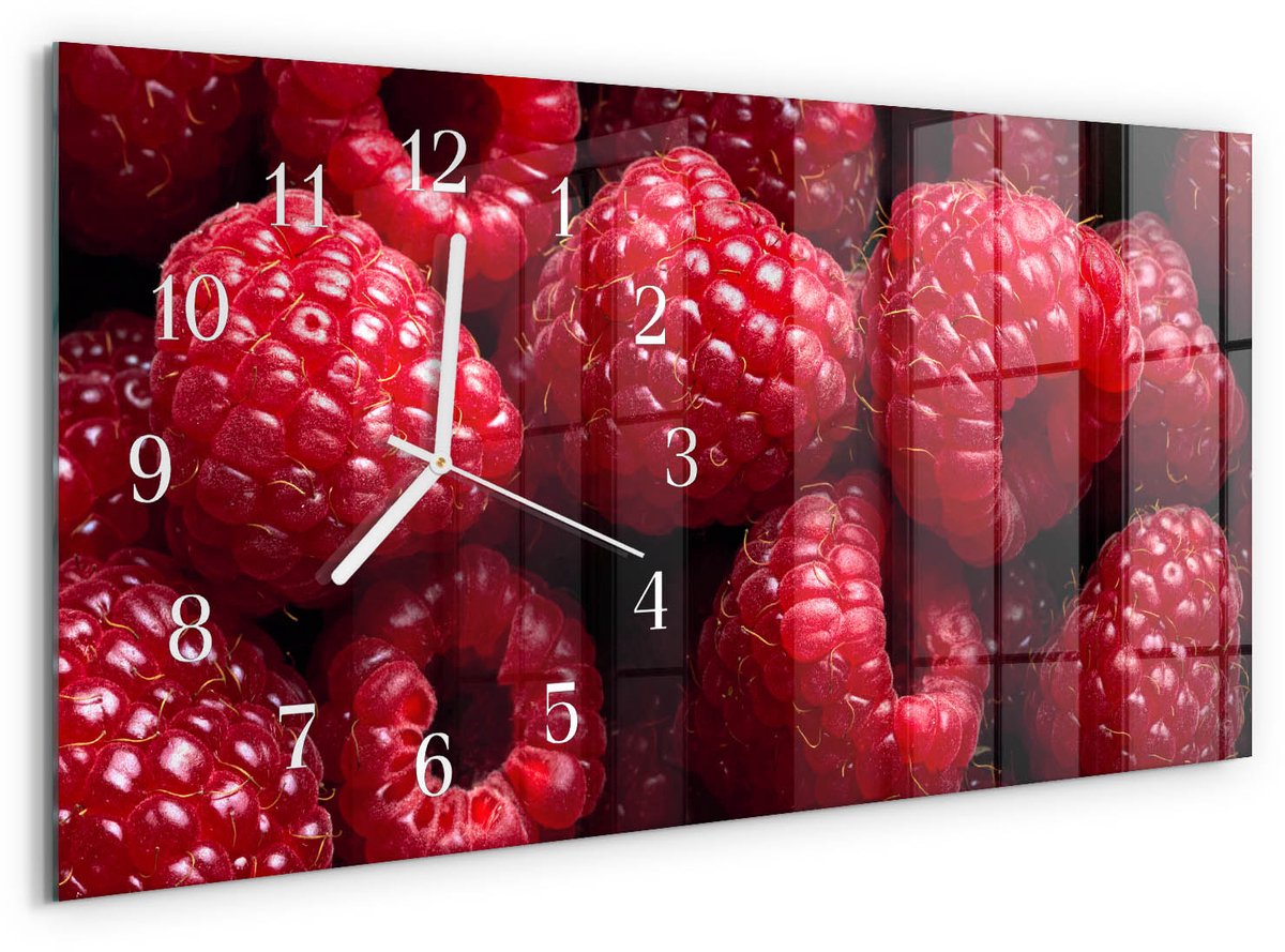 TULUP Wandklok - Frambozen Klok Glas Met Opdruk - 60x30 cm - Rood Moderne Wandklok Glas - Witte Handen - Rechthoekige Wandklok - Moderne Wandklok Glas - Wandklok Glas Decoratie Rood - Frambozen