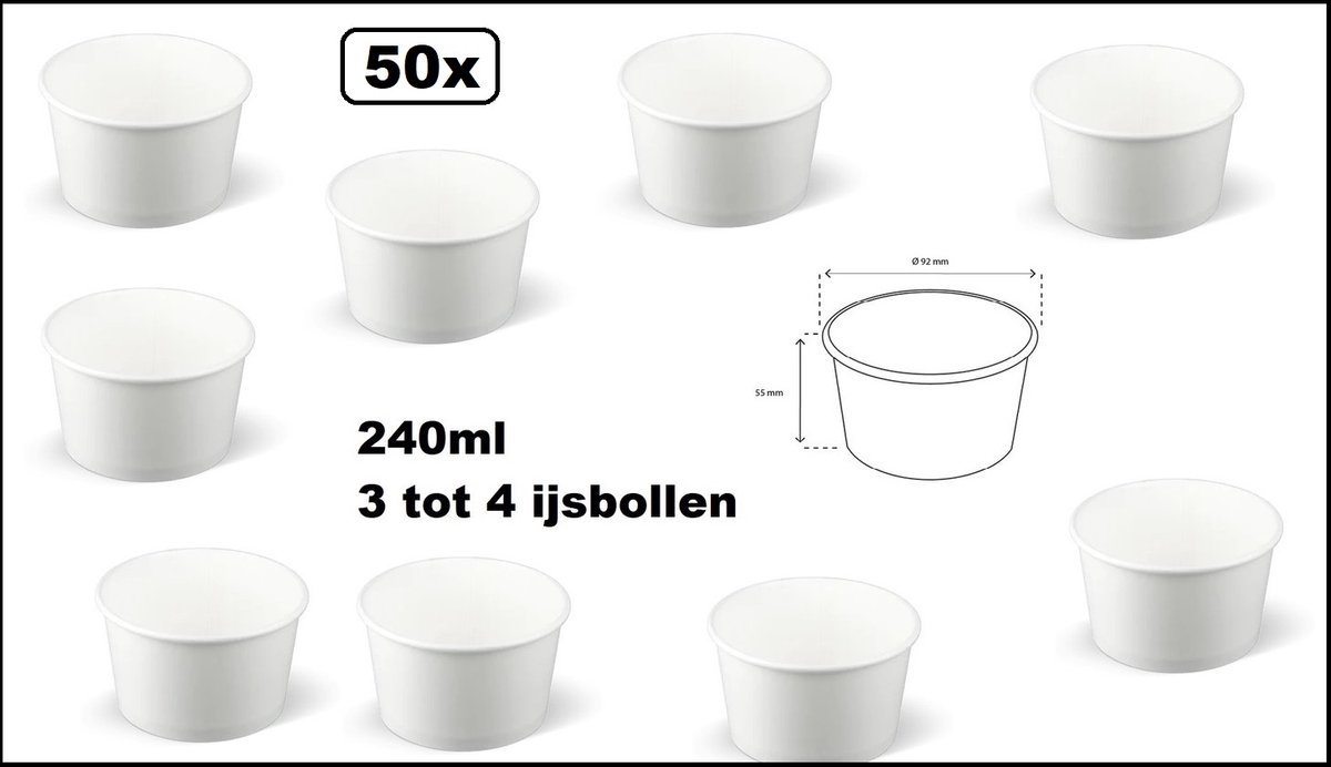 50x IJsbeker wit 240ml karton - 3 a 4 bollen - IJs beker - Party schepijs softijs ijsje zomer festival thema feest