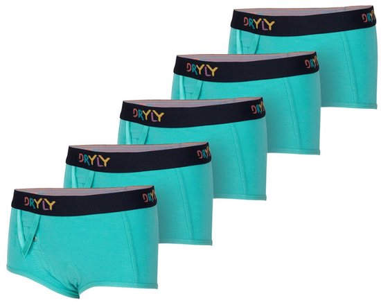 Vijf turquoise hipster onderbroeken met zwart/regenboogkleurig DRYLY elastisch logo op de tailleband.