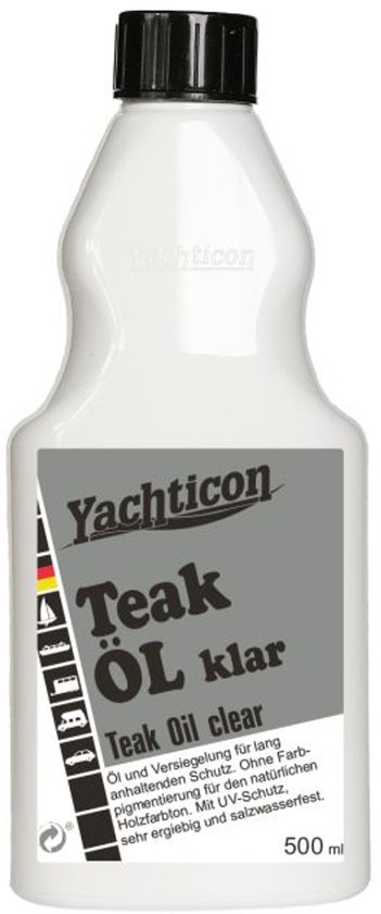 Yachticon Teak Olie helder, 500ml fles met zwarte dop. Beschermt hout met UV-bescherming.