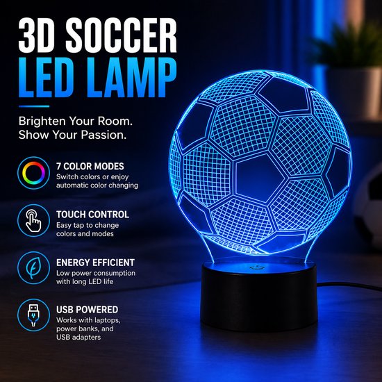 3D Voetbal LED Lamp - Voetbal Nachtlamp met 16 Kleuren - Afstandsbediening en Touch Bediening - USB Sfeerlamp voor Kinderkamer - Zwart van Merkloos — afbeelding 4