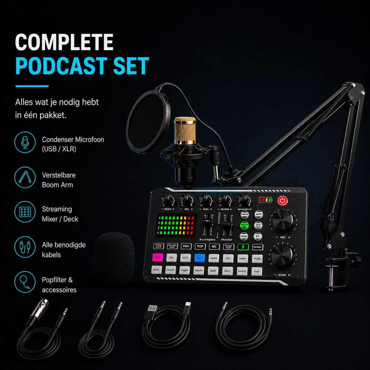 APO Electronics® - Podcast Starterspack - Gaming / Streaming / Podcasting - Condensator XLR Microfoon - Met Boom Arm - Streaming Deck - DJ Mixer — cadeau in Gadgets - foto 7