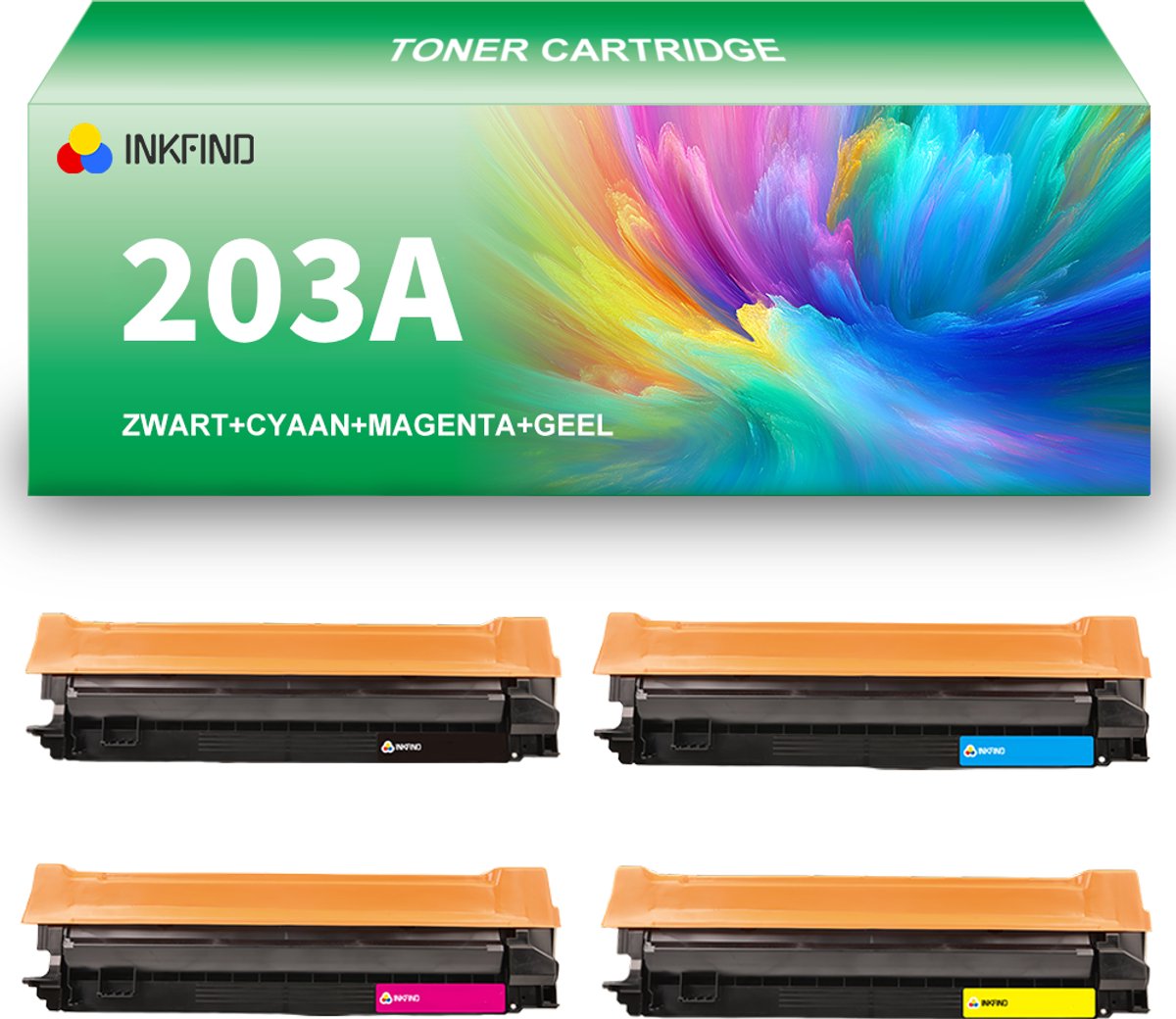 INKFIND 203AU (CF540A-CF541A-CF542A-CF543A) tonercartridge multipack van 4 stuks (Zwart+Cyaan+Magenta+Geel) compatibel met HP 203A (CF540A-CF541A-CF542A-CF543A) Canon 054 BK/C/M/Y HP 201A (CF400A CF401A CF402A CF403A) Canon 045 (BK/C/M/Y)-4-pack