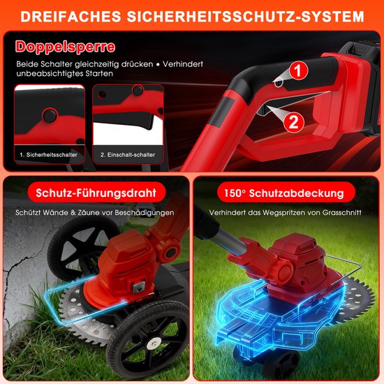 Rode grastrimmer met drievoudig veiligheidssysteem. Toont de veiligheidsschakelaar en de beschermkap.