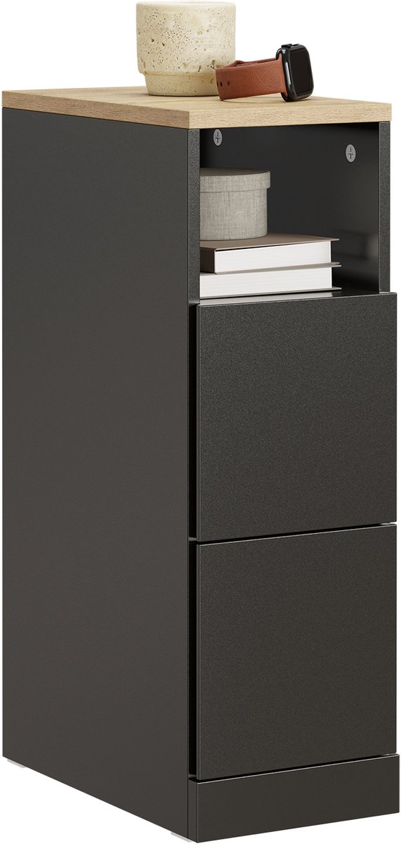 SoBuy Smal nachtkastje, dunne Bijzettafel met 2 laden en open vak, voor Woonkamer, Slaapkamer of Kantoor, 20x35x60cm, zwart, FBT149-SCH
