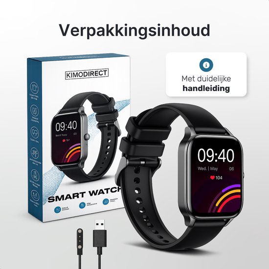 Zwarte smartwatch en verpakking met oplader, duidelijke handleiding.