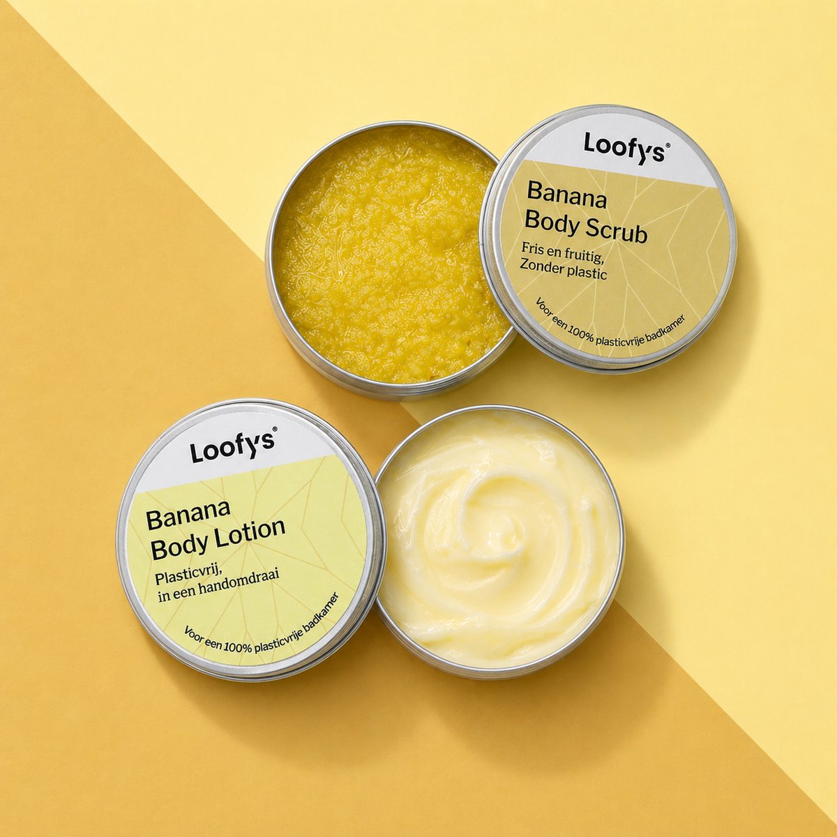 Loofys Body Care Set Banana - Sugar Body Scrub en Body Lotion - Tropisch en Fruitig - Verzorging en Hydratatie - Alternatief voor Reisflesjes - Duurzaam en Plasticvrij - Travel Set - 2x 30ml