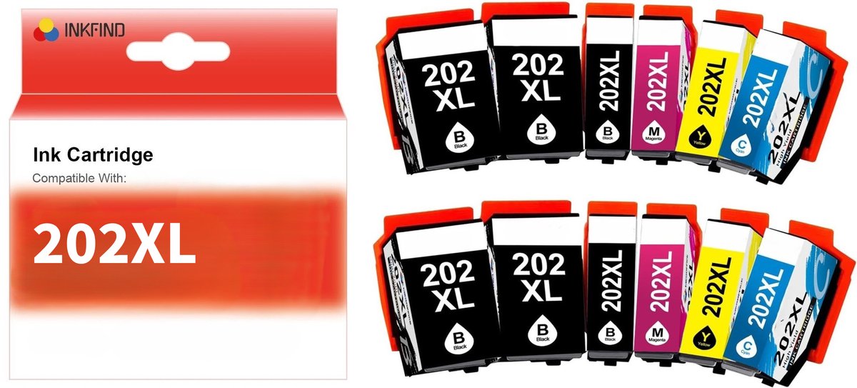 INKFIND 202XL inktcartridge voor Epson 202 202XL Epson202 Epson202XL inktcartridge multipack 12 stuks (2*6pack=Zwart x 4, foto Zwart x 2, Cyaan x 2, Magenta x 2, Geel x 2) voor Epson Expression Premium XP 6000, XP 6005, XP 6100 en XP 6105
