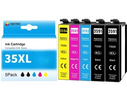 INKFIND 35XL T3596 inktcartridge 5 Pack (Zwart*2+Cyaan+Magenta+Geel) compatibel met Epson T3591/T3591/T3592/T3593/T3594 voor EPSON WorkForce Pro WF-4720DWF/4725DWF/4730DTWF/4740DTWF - 5-pack BK/C/M/Y