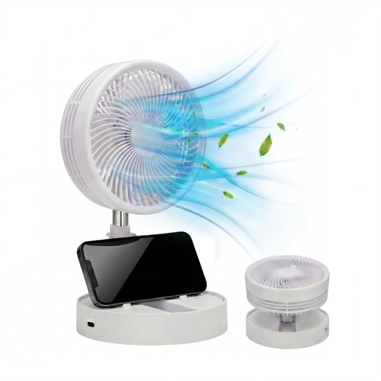 Silvergear tafelventilator met telefoonhouder, draadloos, USB-C, opvouwbaar, 3 snelheden, stil, compact wit