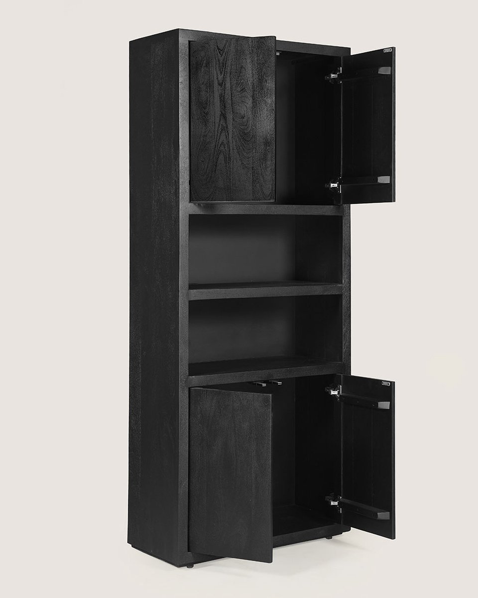 Boekenkast 80 cm Mangohout – 4 Deuren & 2 Vakken – Zwart – Landelijk