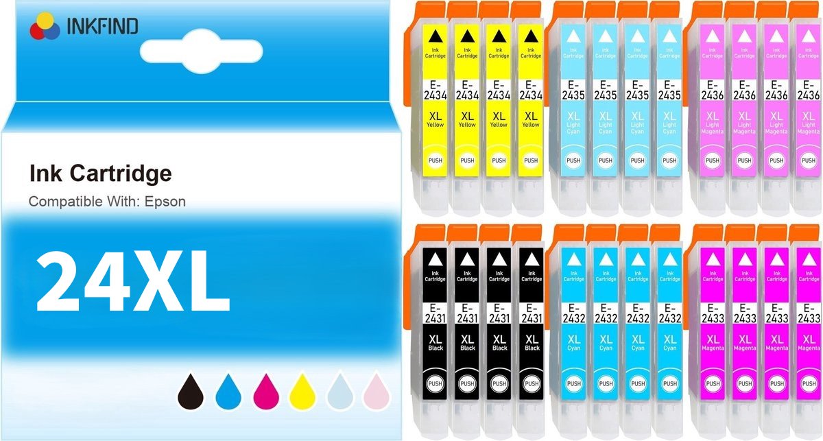 INKFIND 24XL inktcartridge 24 Pack (Zwart*4+Cyaan*4+Magenta*4+Geel*4+Licht Cyaan*4+Licht Magenta*4) compatibel met Epson T2431/T2432/T2433/T2434/T2435/T2436 voor Epson Expression XP-55 XP-750 XP-760 XP-850 XP-860 XP-950 XP-960 XP-970-24-pack