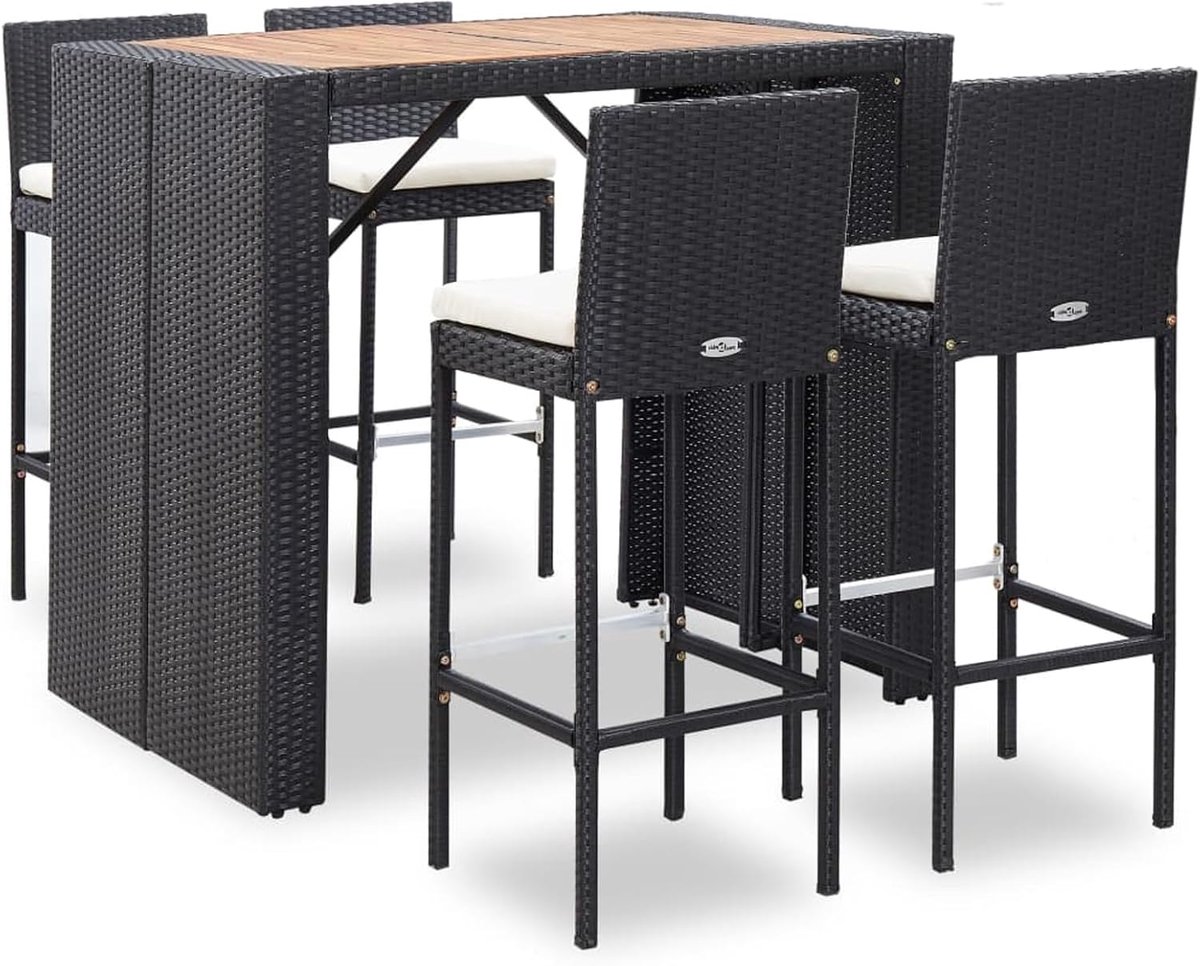 Tuin Barset 5-delig met Tafel, Stoelen & Kussens – Poly Rattan Zwart/Crème met Acaciahout & Stalen Frame – 120x110x80 cm Retro Outdoor Bar Set – Verona Comfort Barset HomebyNicole