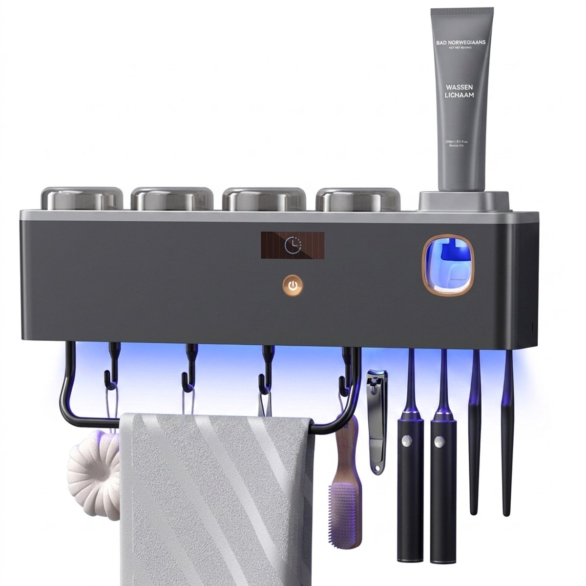 Hearyoo UV Tandenborstelhouder – Met Sterilisator & Tandpasta Dispenser – USB Oplaadbaar – Zonder Boren – Met Haken & Handdoekhouder – Grijs