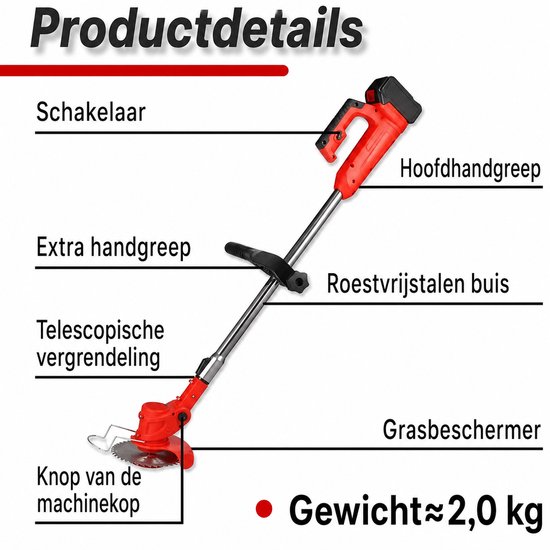 Traumheim® Accugrastrimmer, elektrische grasmaaier, met 2 accu's en oplader, 180° trimhoek, telescoopsteel & extra handgreep, rood van Traumheim — afbeelding 2