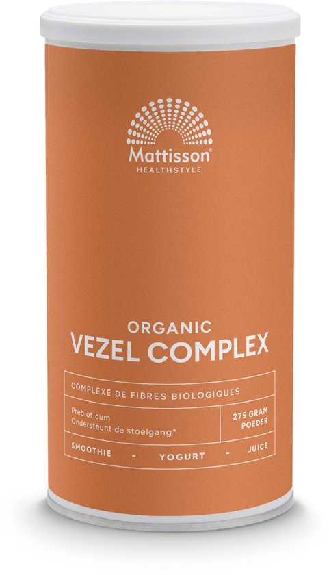 Oranje pot Mattisson Organic Vezel Complex, met tekstuele informatie en aanwijzingen voor gebruik.