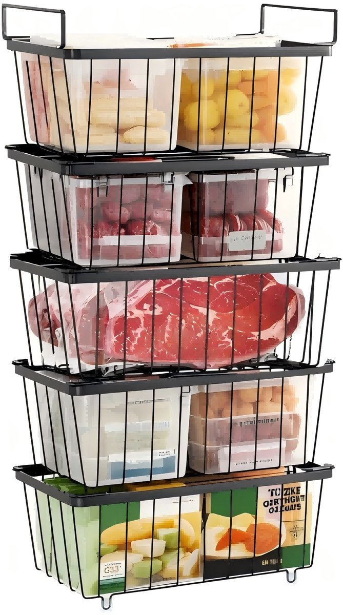 Diepvriesmanden set van 5 stuks – Stapelbare vrieskist organizers van metaal met inklapbare handgrepen – Vrieskist opbergmanden voor diepvries, koelkast en voorraadkast – Ruimtebesparend en duurzaam