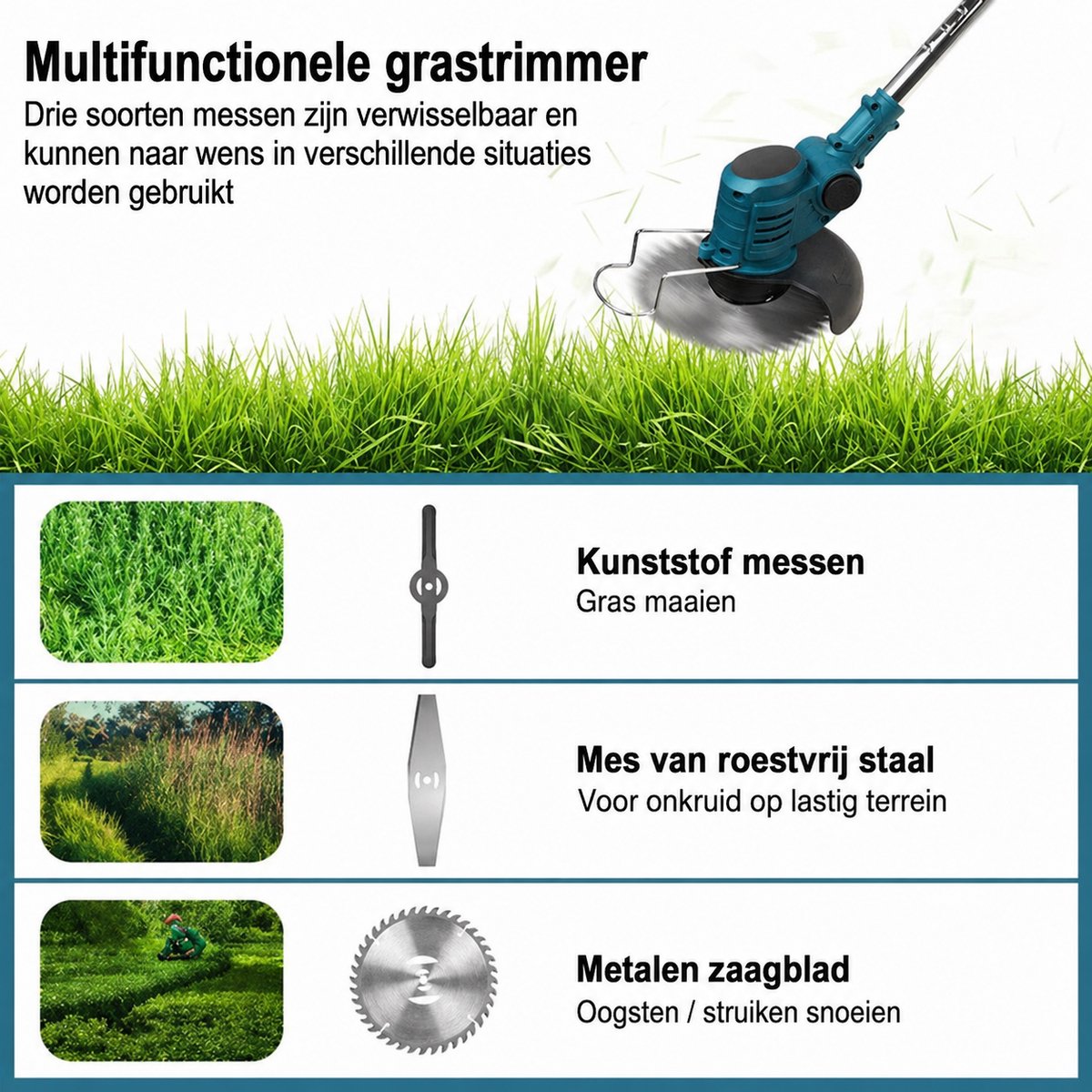 Traumheim® 3-in-1 Kantenmaaier – Elektrische Grastrimmer – Bosmaaier – Grasmaaier – Draadloos & Elektrisch – Incl. 2 Accu ‘s & Snellader - blauw – foto 5