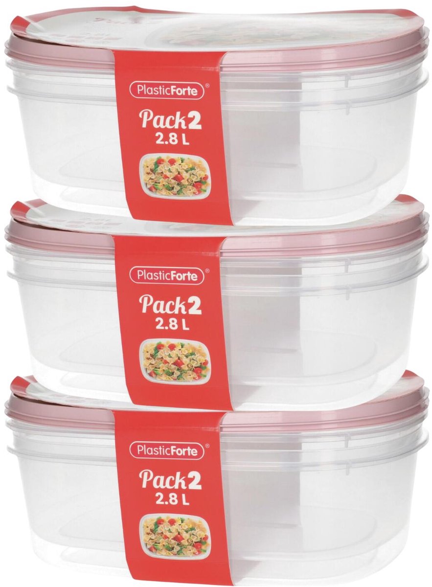 Plasticforte Vershoudbakjes - 6x stuks - 2.8 liter - herbruikbaar - transparant/roze - kunststof - magnetron - vriezer