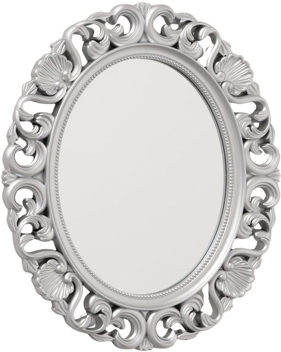 Ovaal zilverkleurig frame met barokke decoraties en schelpmotief.