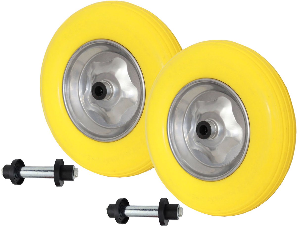 2x kruiwagenwiel lekvrij 4.80/4.00-8 met as PU stalen velg 200 kg massief rubber