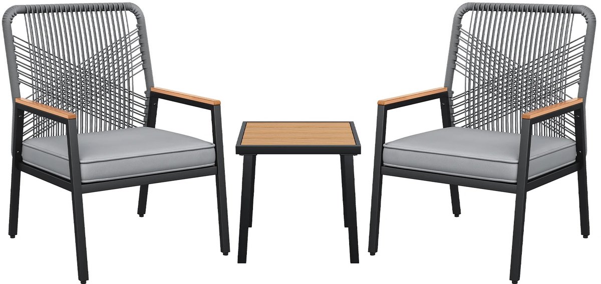 Sello! 3-delige tuinset – tafel en 2 tuinstoelen – balkon – tuin – 160kg per stoel – stalen frame – rotan – houtlook – grijs