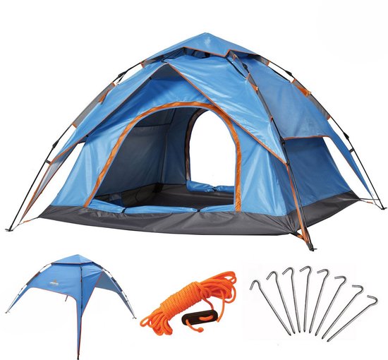Blauwe tent met oranje accenten, samen met een kleiner blauw zonnescherm, oranje touw en haringen.