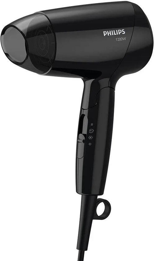 Zwarte Philips föhn met 1200W, 2 snelheden en 3 temperatuurinstellingen.