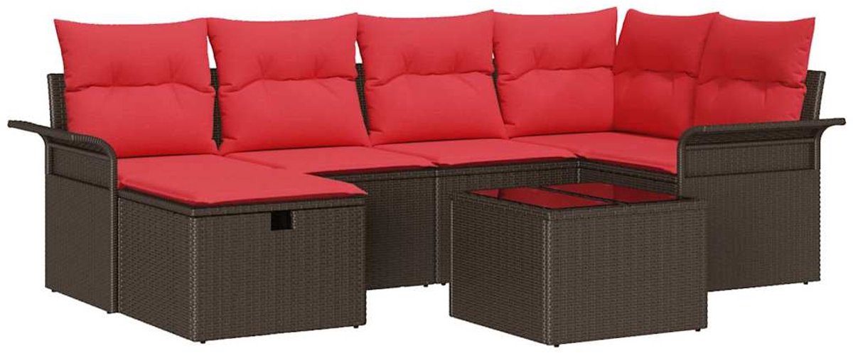 vidaXL Tuinbank - Set - 7 - st - Poly - rattan Bruin/ Rood