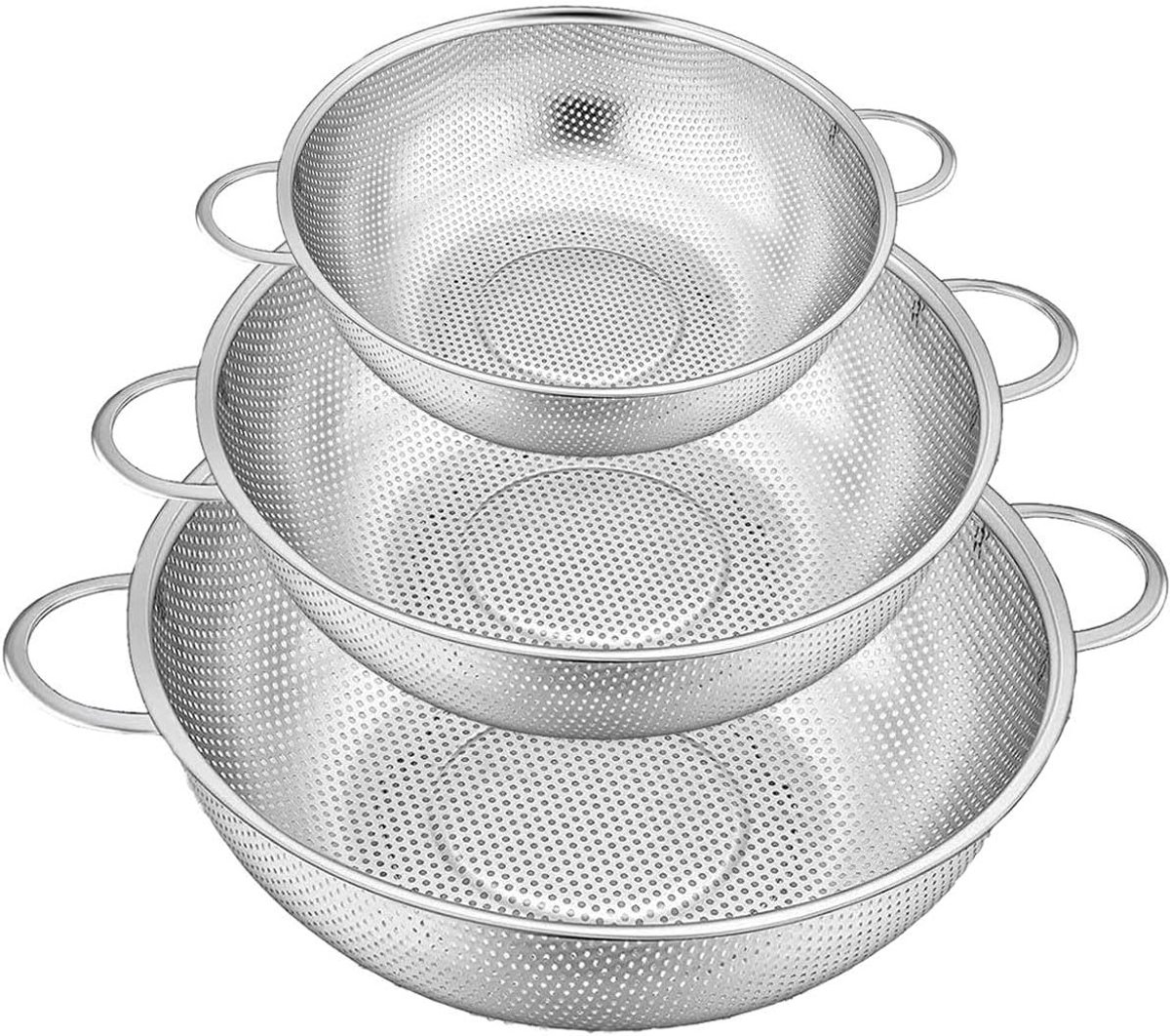 Set van 3 RVS Zeefjes met Handvat voor Pasta, Fruit, Rijst en Groenten - Vaatwasserbestendig Keukengerei