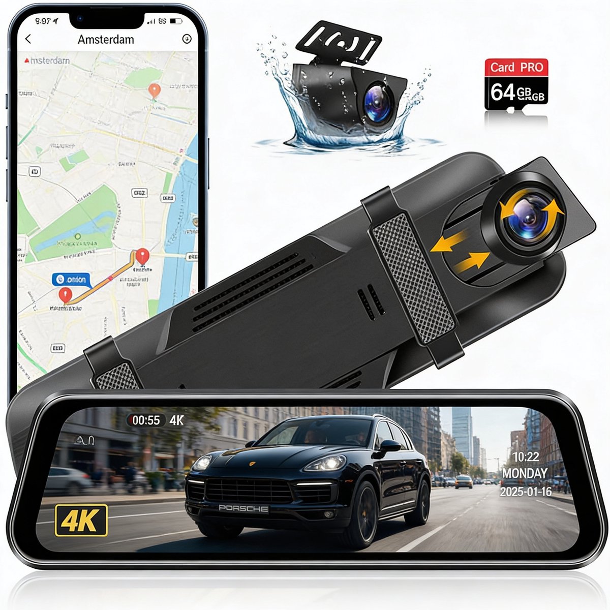 Auto Spiegel Dashcam Full HD – Dashcam met Achtercamera en Continue Opname – Brede Kijkhoek met Achteruitrijfunctie