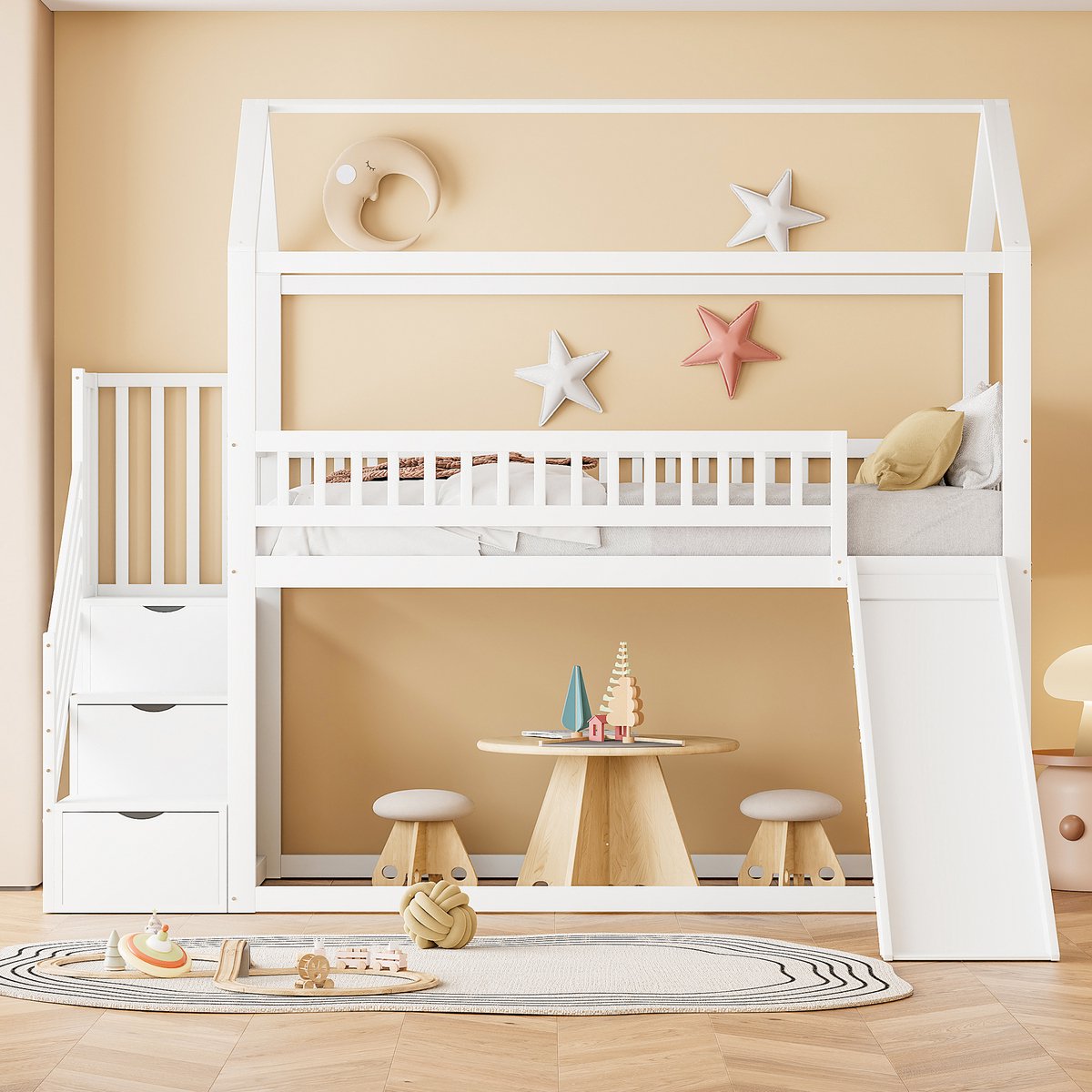 VVBV Stapelbed 90x200 – Kinderstapelbed met Opbergruimte en Veiligheidshek – Massief Hout – Wit – Lattenbodem – Voor Kinderen en Tieners – met Glijbaan White