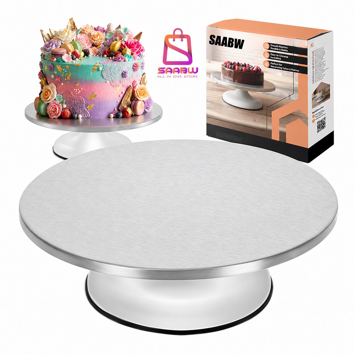 Roterende Taartplateau 30 cm RVS – Draaitafel voor Taarten en Gebak tot 20 kg – 360° Roterend Cake Plateau voor Decoreren en Serveren – taart draaiplateau – roterende taartplateau – taart decoratie plateau – bak accessoires taart – 63184