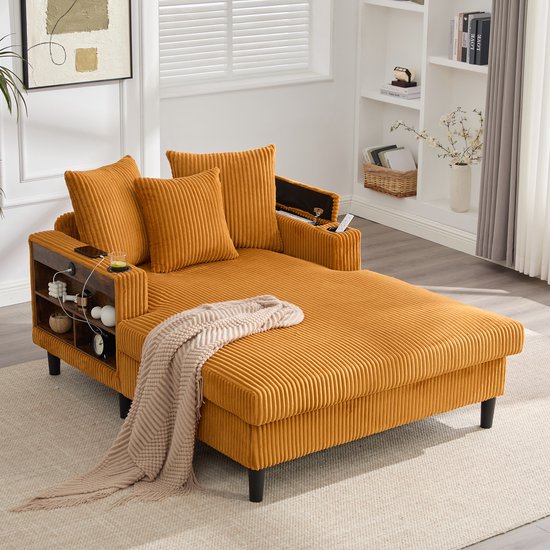 REDOM - Chaise Longue - Met Opbergruimte En Ledverlichting - Modern - Voor Woonkamer - Ribfluweel - Mosterdgeel - 129 X 170 X 70 Cm