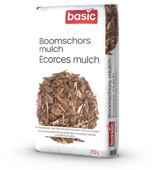 Sac blanc avec logo 'basic' et texte 'Ecorces mulch'. Sac contenant des écorces d'arbre brunes de 70L.